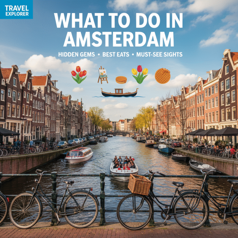 Lively Amsterdam canal scene with bikes, cafés, icons of top sights, and bold "What to Do in Amsterdam".