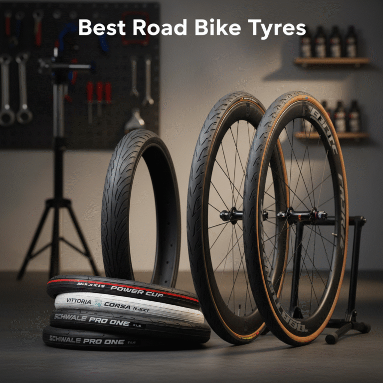 Selection of premium road bike tyres displayed in a sleek studio, showcasing treads and quality details.