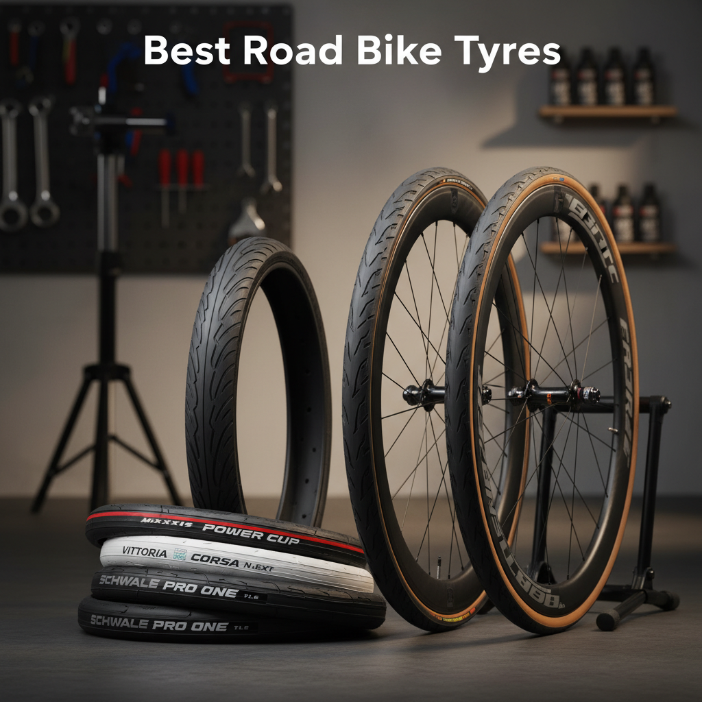 Selection of premium road bike tyres displayed in a sleek studio, showcasing treads and quality details.