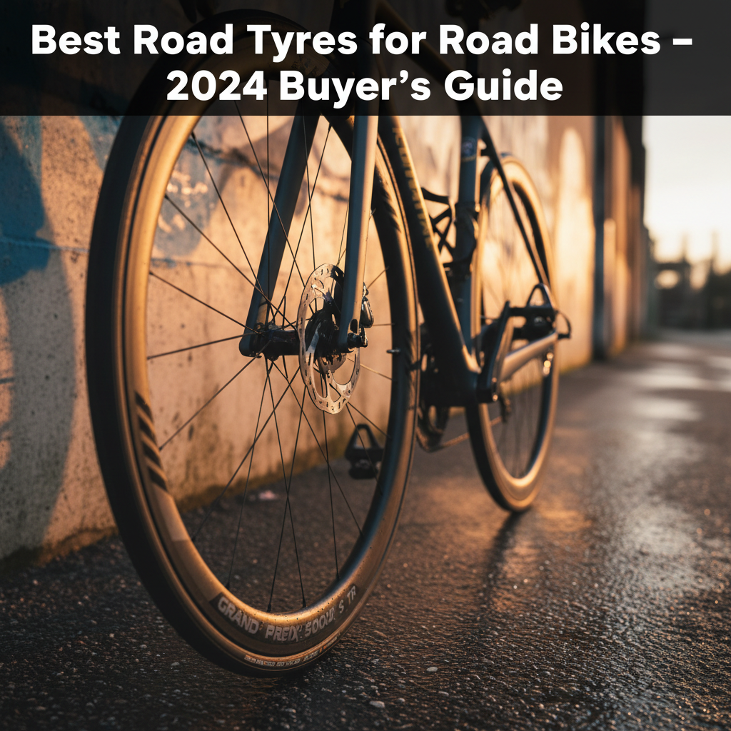 Best Road Tyres for Road Bikes – 2024 Buyer’s Guide cover, featuring premium tyres at sunset.