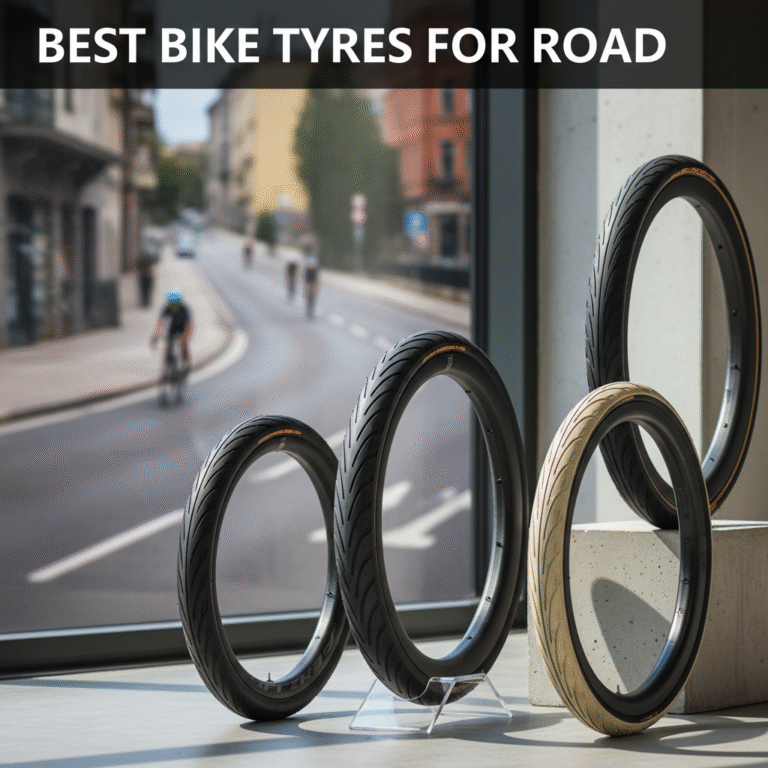 Best road bike tyres displayed with detailed treads, set against a modern urban cycling backdrop.