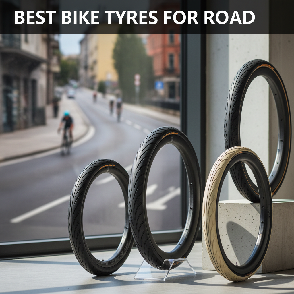 Best road bike tyres displayed with detailed treads, set against a modern urban cycling backdrop.