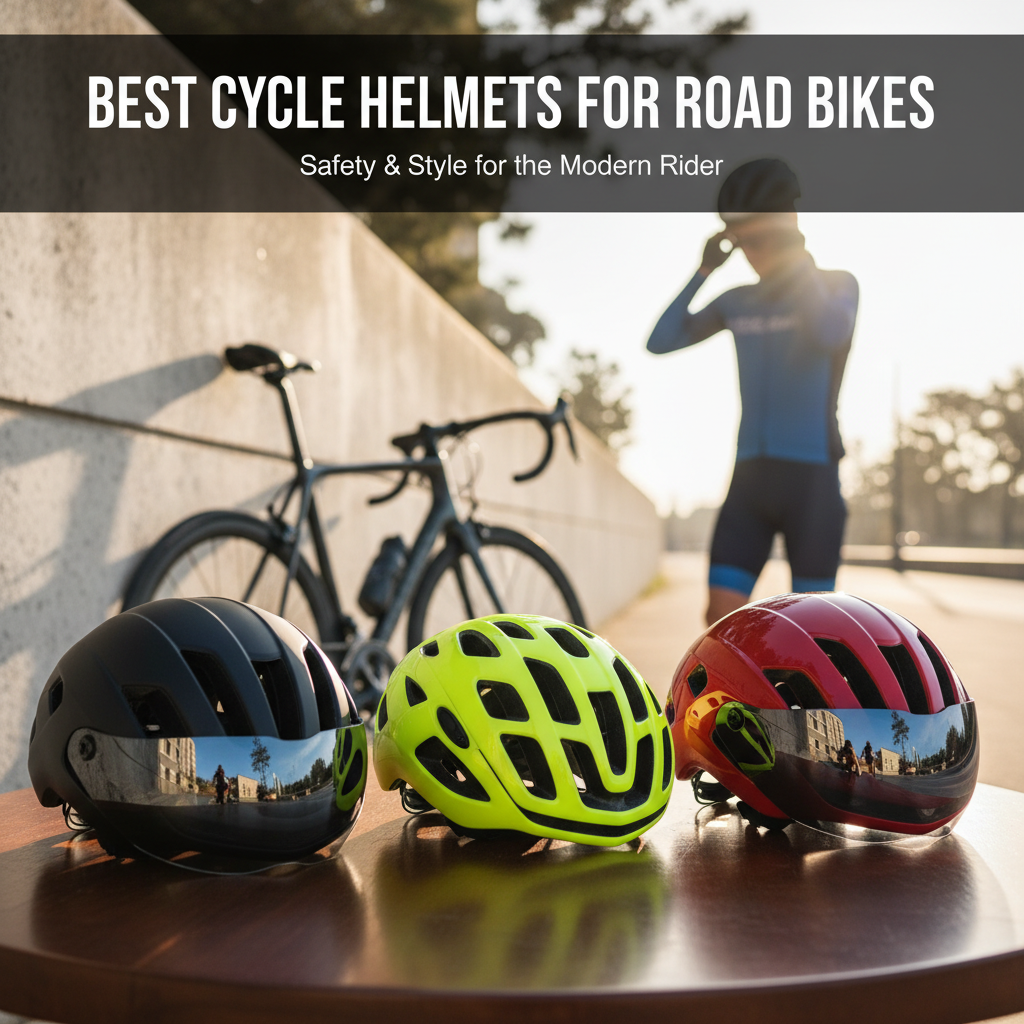 Top road bike helmets in bold colors on display, cyclist adjusts helmet, bike in sunlit background.