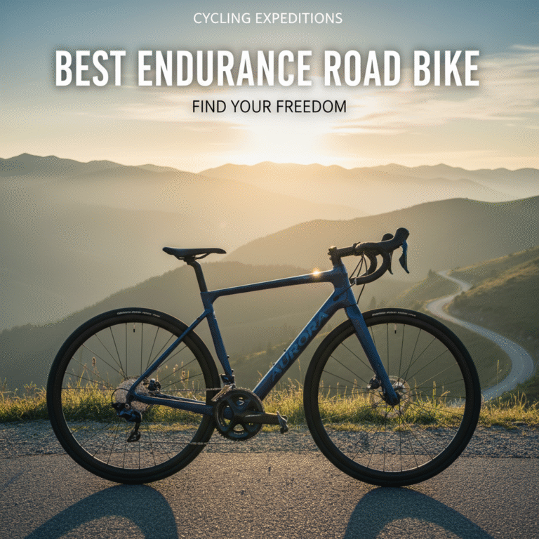 alt_text Sleek endurance road bike on a mountain pass at sunrise, promising comfort and adventure.
