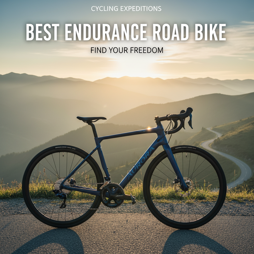 alt_text Sleek endurance road bike on a mountain pass at sunrise, promising comfort and adventure.
