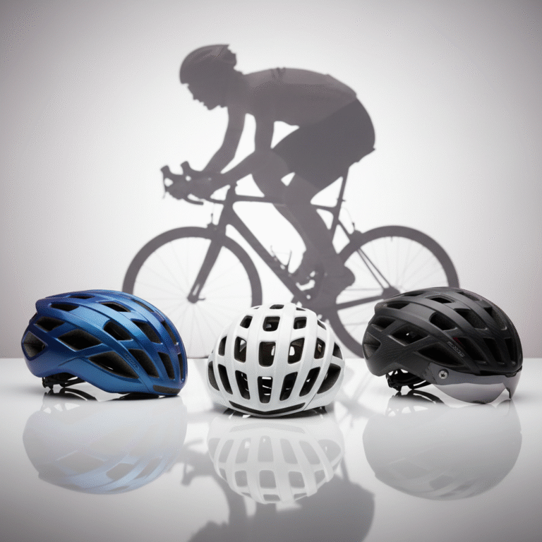 alt_text Three high-end road bike helmets with sleek designs on display, with a cyclist's silhouette in the background.