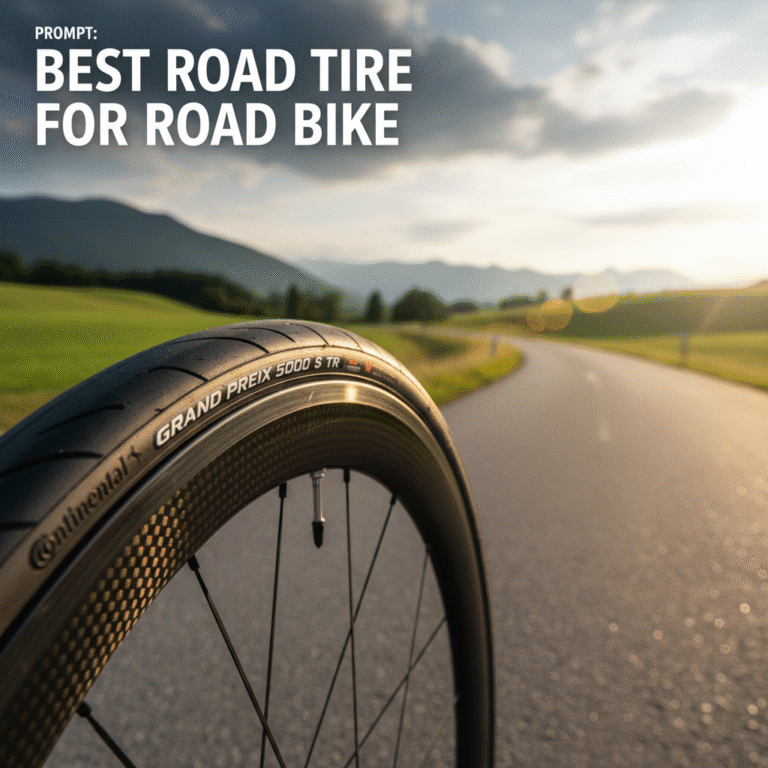 Close-up of a premium road bike tire on a sleek wheel, showcased on a sunlit scenic asphalt road.