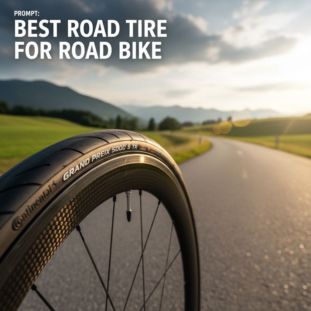 Close-up of a premium road bike tire on a sleek wheel, showcased on a sunlit scenic asphalt road.