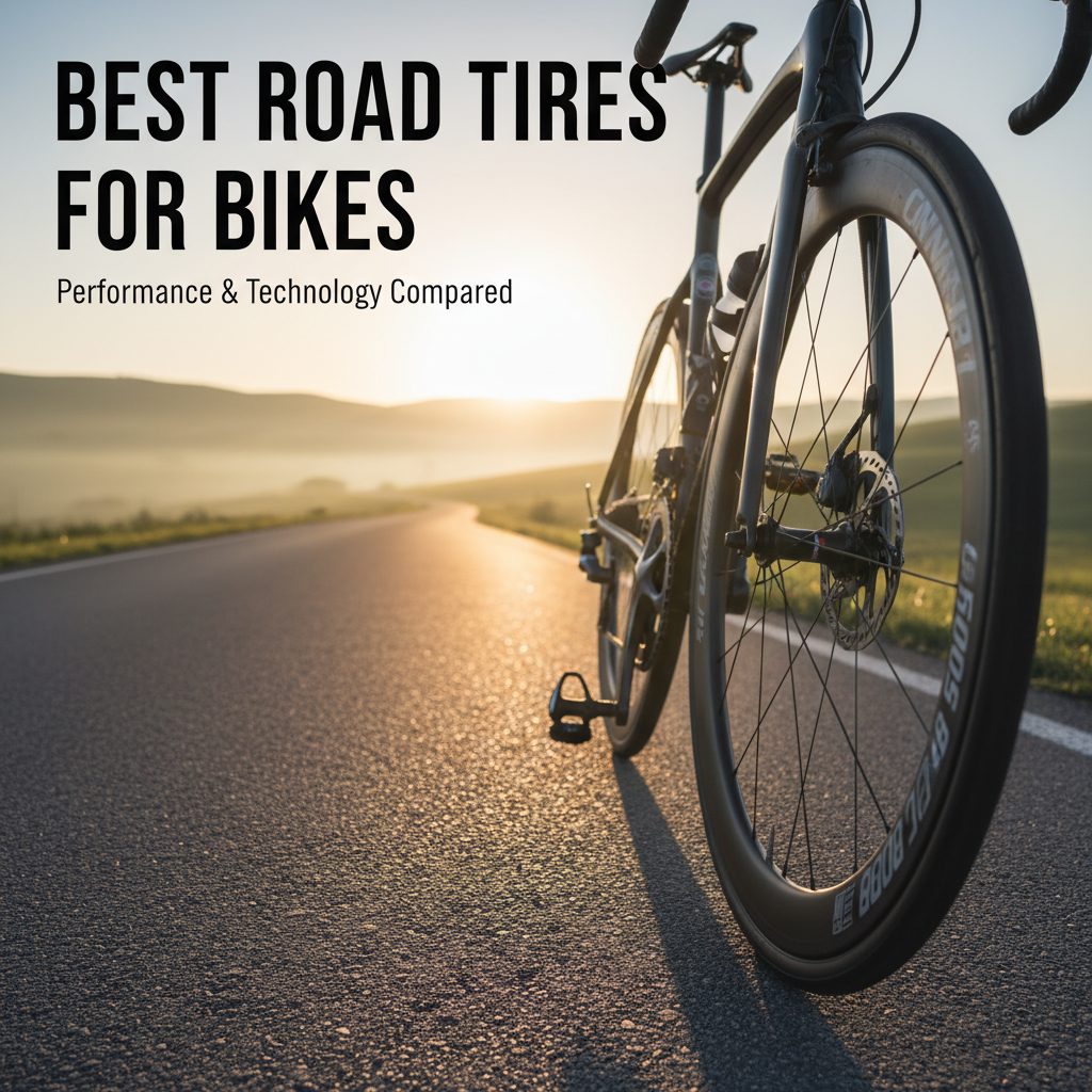 alt_text Close-up of premium road bike tires on a scenic sunrise road, highlighting performance and technology.
