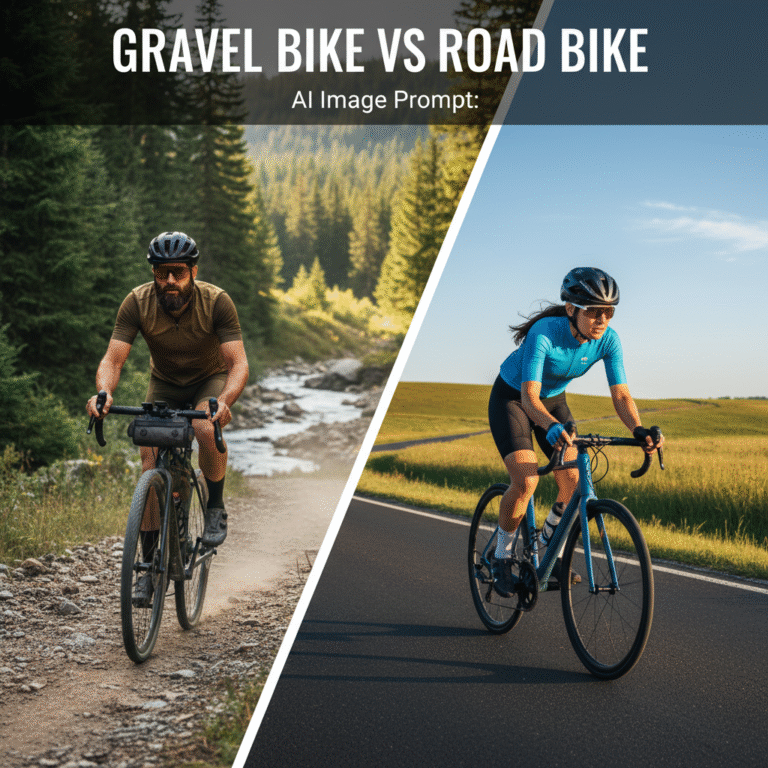 Gravel Bike vs Road Bike: Two cyclists riding side by side on rugged trail and smooth road, nature backdrop.