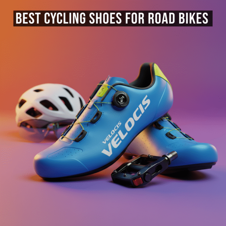 Sleek road cycling shoes and pedal on a vibrant background, hinting at speed and innovation.