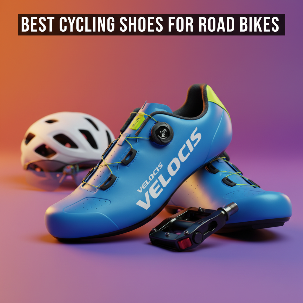 Sleek road cycling shoes and pedal on a vibrant background, hinting at speed and innovation.