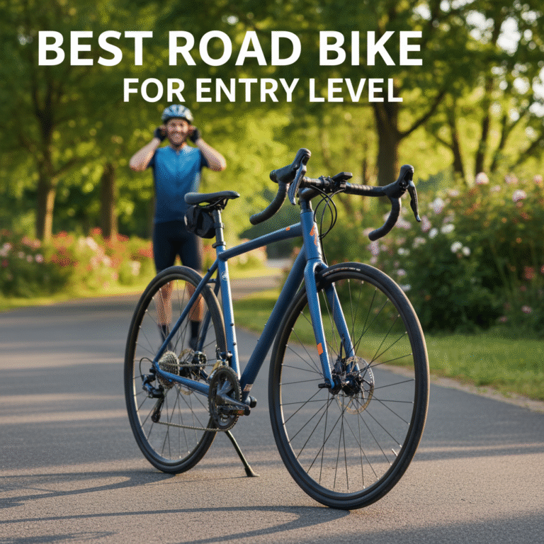 Best Road Bike for Entry Level: A welcoming scene with a stylish beginner bike and a smiling new cyclist.