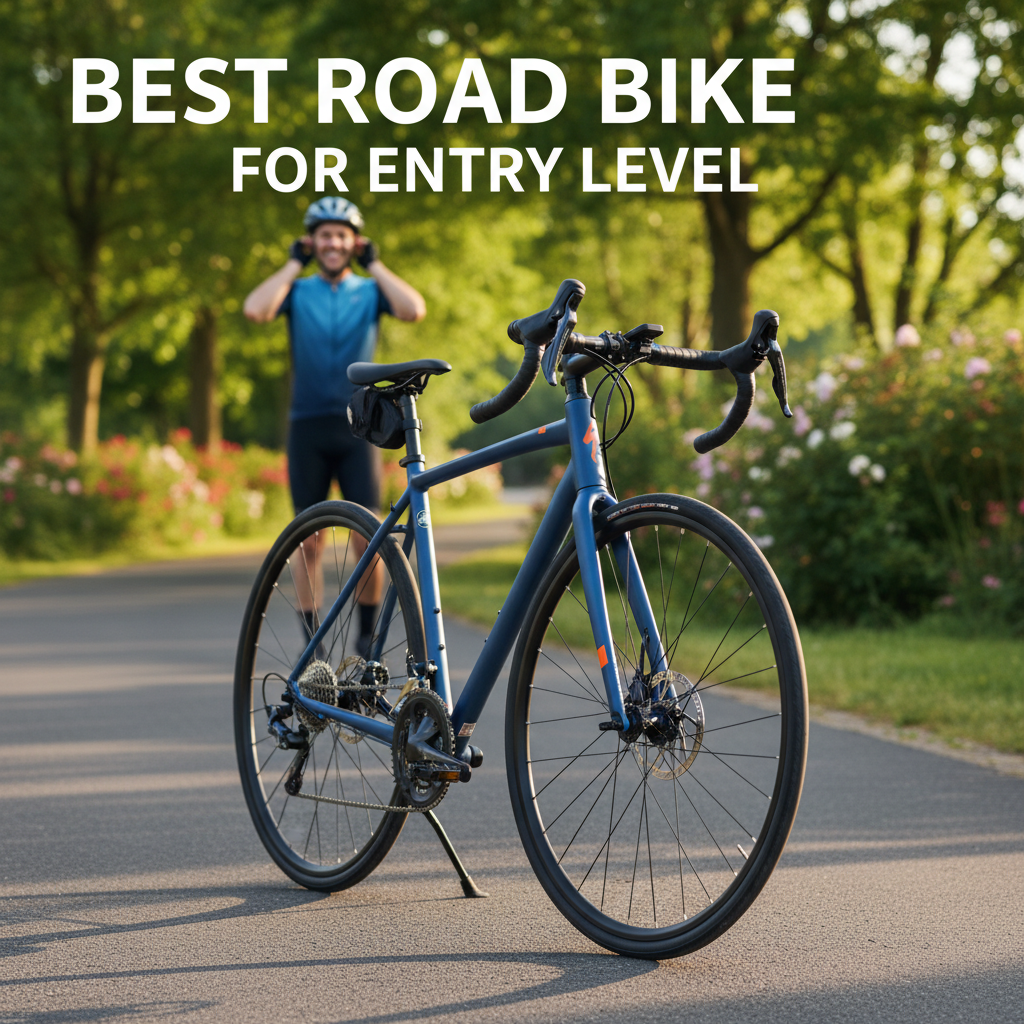 Best Road Bike for Entry Level: A welcoming scene with a stylish beginner bike and a smiling new cyclist.