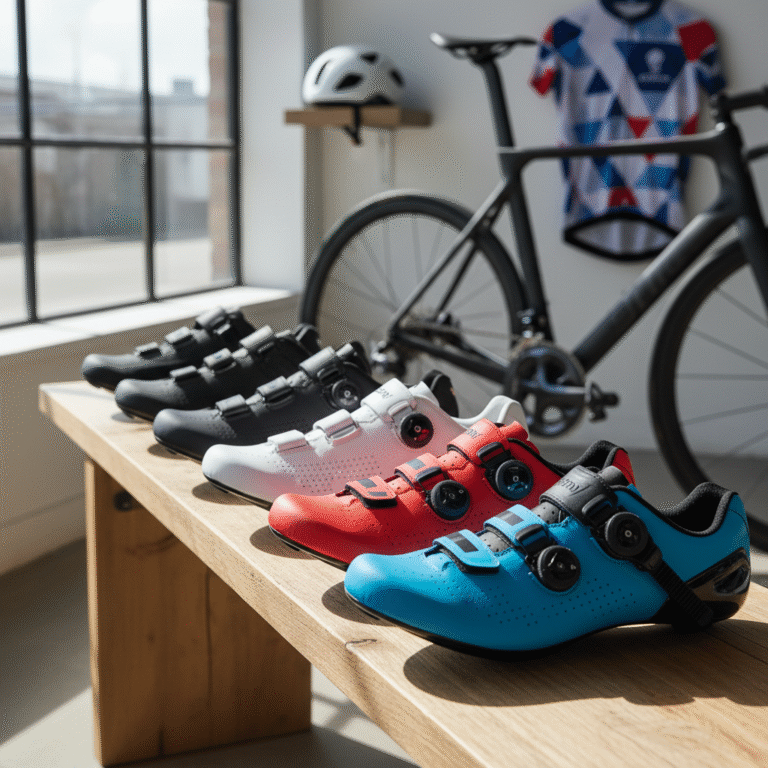 alt_text A lineup of premium, colorful road bike shoes with advanced closures, set in a pro cycling setting.