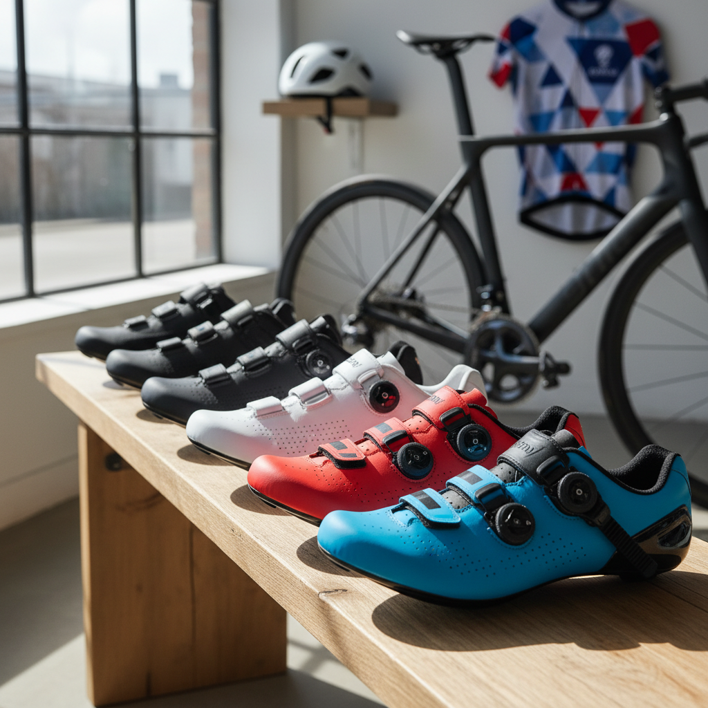 alt_text A lineup of premium, colorful road bike shoes with advanced closures, set in a pro cycling setting.