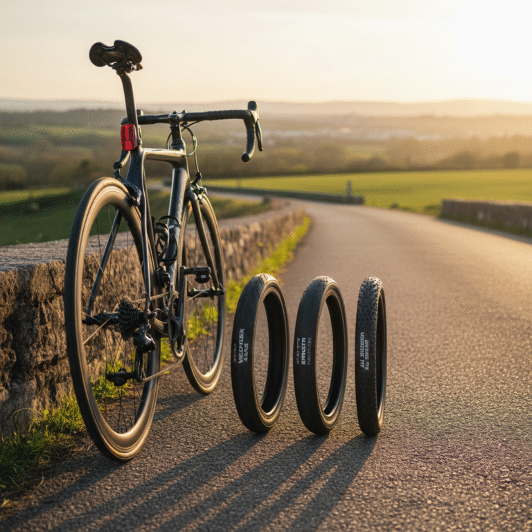 Best Road Bike Tyres Compared: High-end wheels and tyre models on a scenic, sunlit asphalt road