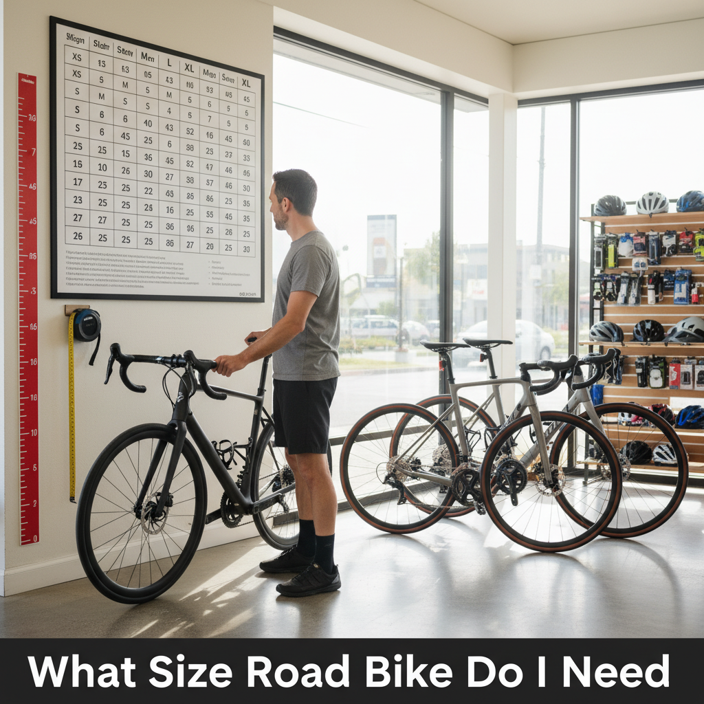 Person compares road bike sizes in a bright shop, consulting a chart to choose the right frame size.