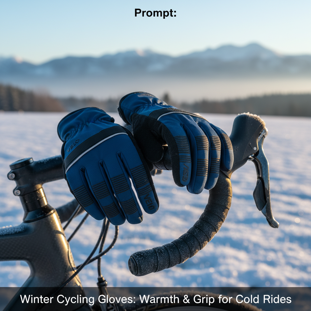 alt_text Winter cycling gloves on bike handlebars, frosty morning backdrop, highlighting warmth and grip.