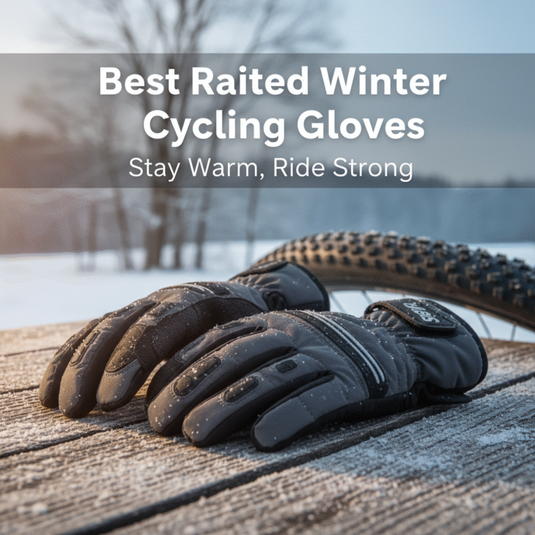 alt_text Best-rated winter cycling gloves on wood with snow, bike tire, and winter scene in soft daylight.