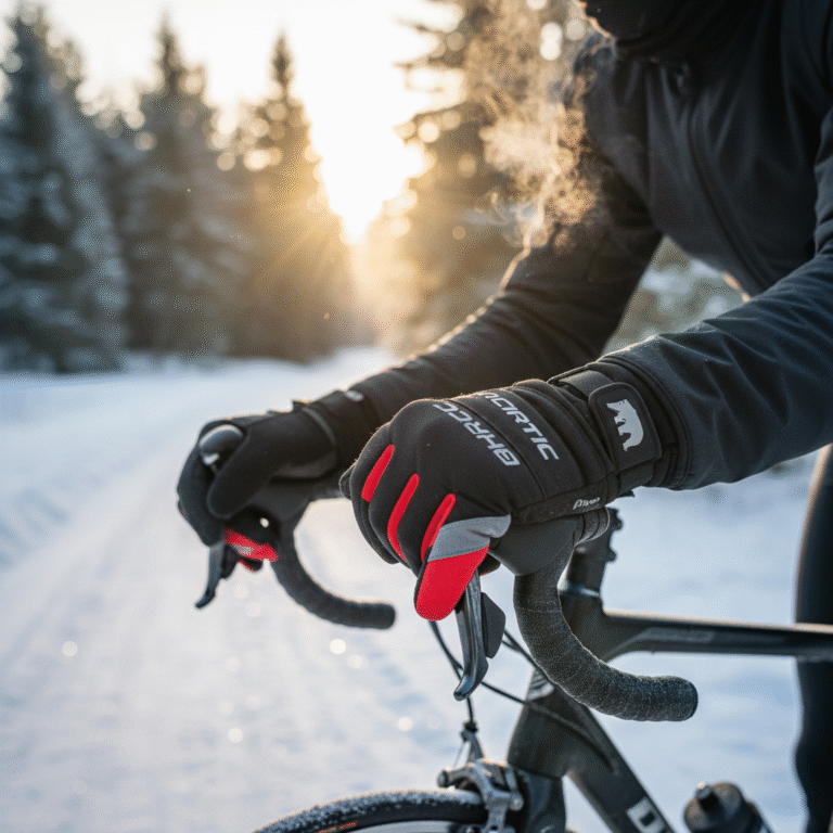 alt_text Cyclist grips handlebars in winter gloves, breath visible, frosty morning, gloves’ details in focus.