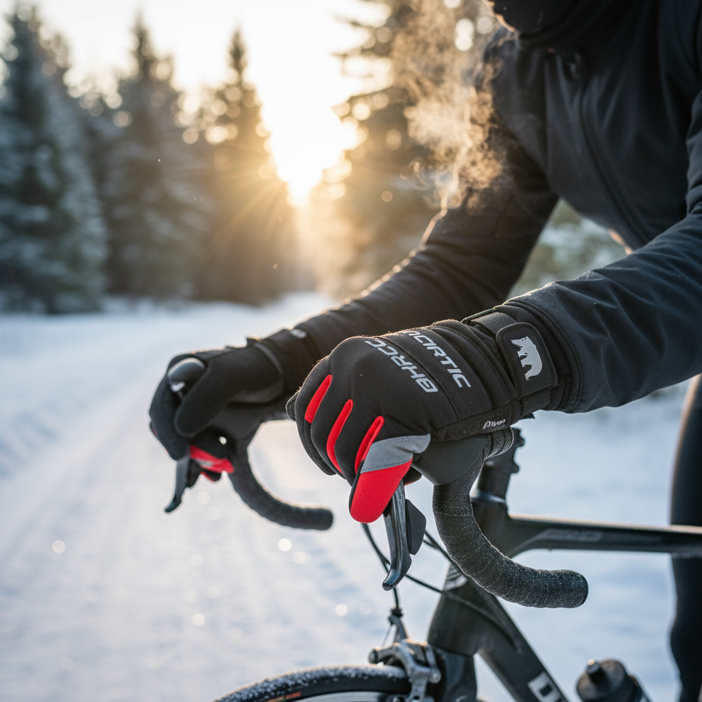 alt_text Cyclist grips handlebars in winter gloves, breath visible, frosty morning, gloves’ details in focus.