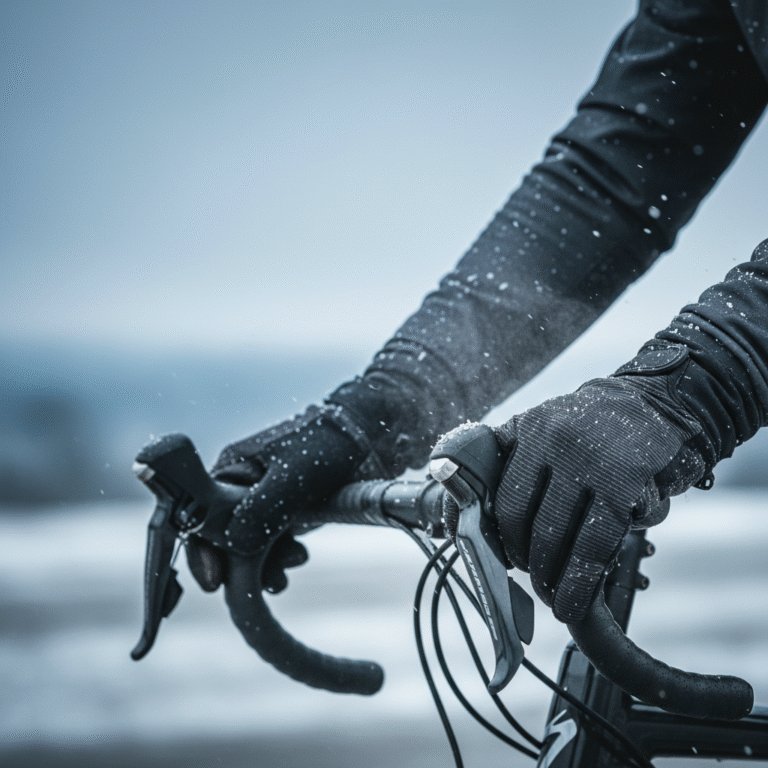 Cyclist wearing insulated gloves grips handlebars in snowy winter scene, highlighting warmth and performance.