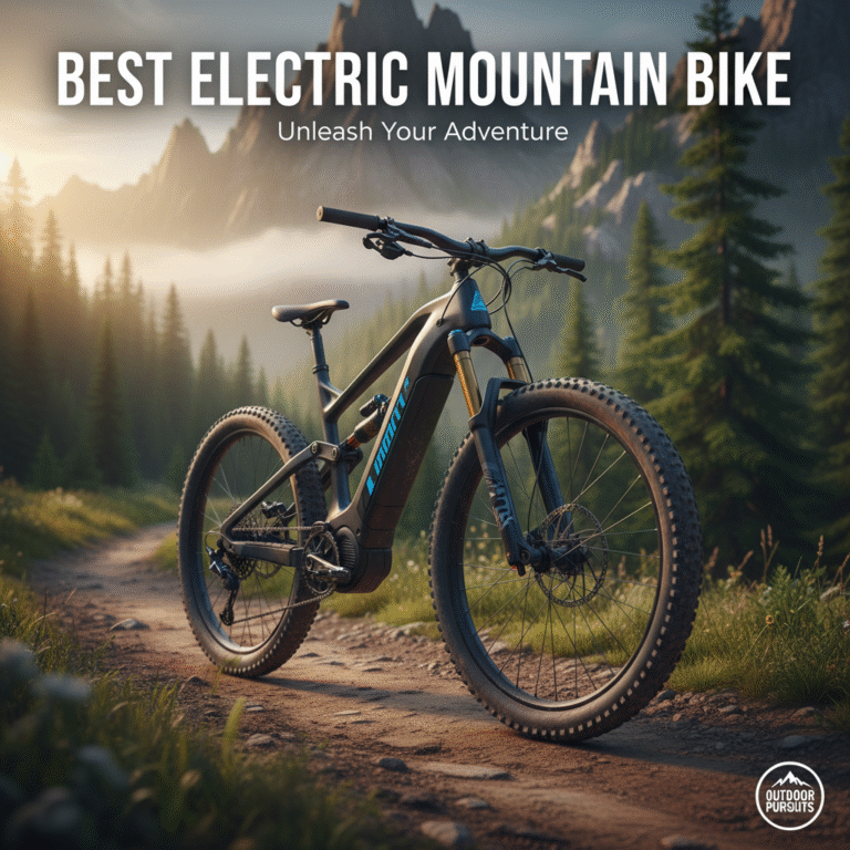 Sleek electric mountain bike on a rugged sunrise trail, dramatic peaks and lush forest in the background.