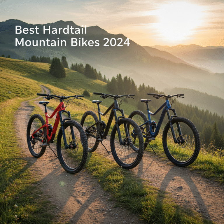 Three colorful hardtail mountain bikes on a sunrise trail, ready for adventure. Best of 2024.