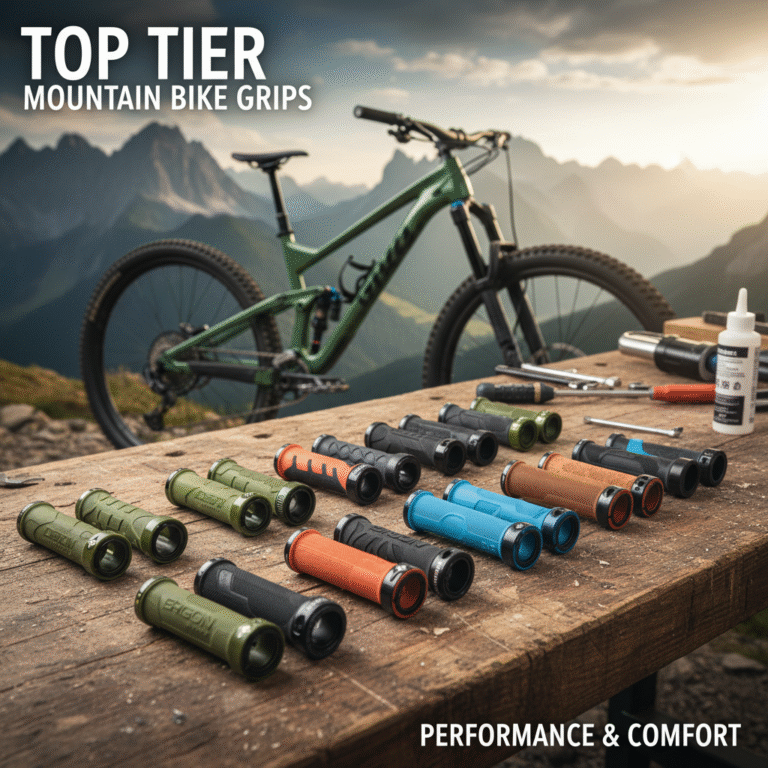 alt_text: Top mountain bike handlebar grips displayed on a workbench, with a bike and mountains in the background.