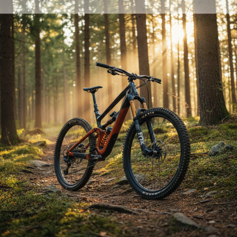 High-end mountain bike on a rugged forest trail, dramatic sunlight, performance and adventure vibes.