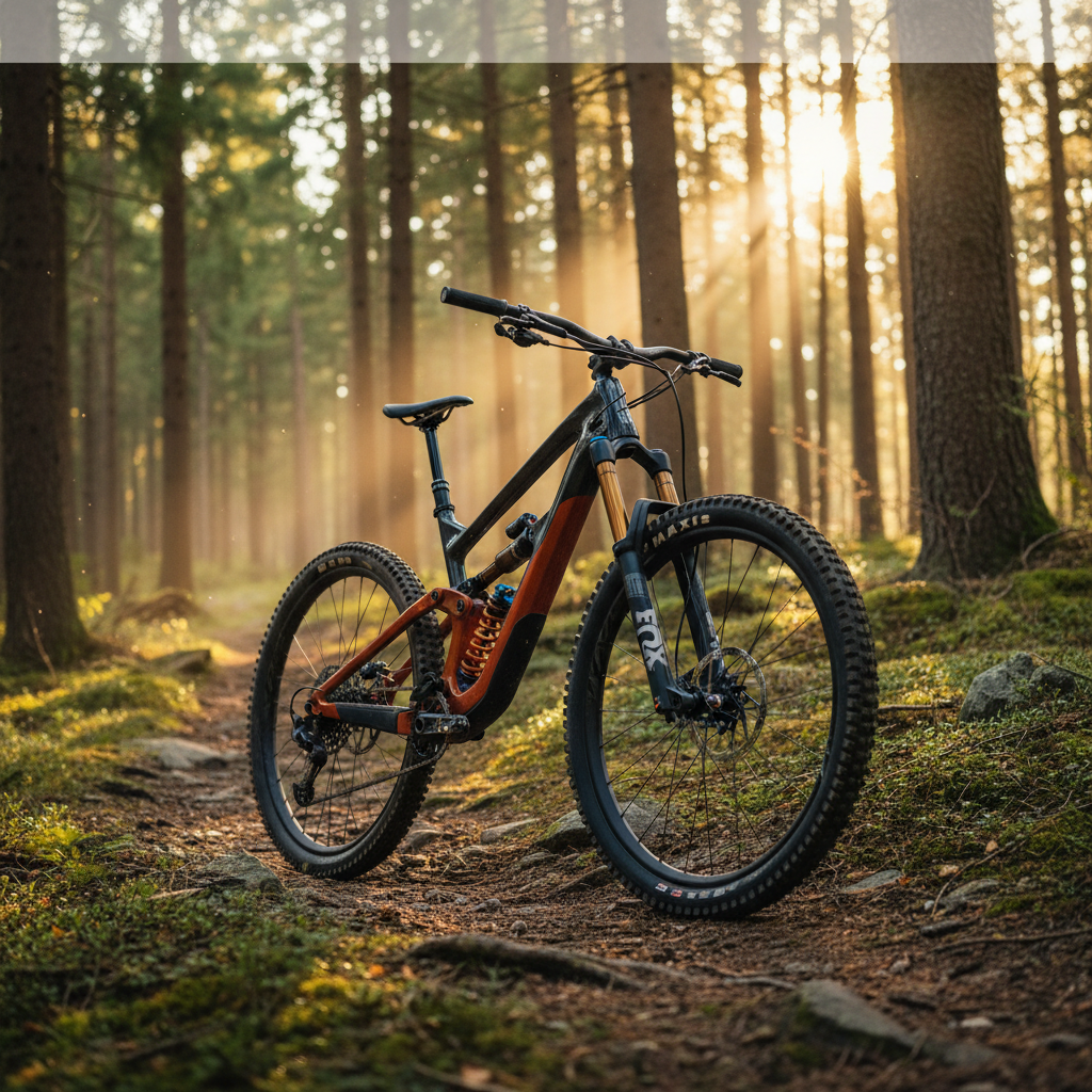 High-end mountain bike on a rugged forest trail, dramatic sunlight, performance and adventure vibes.