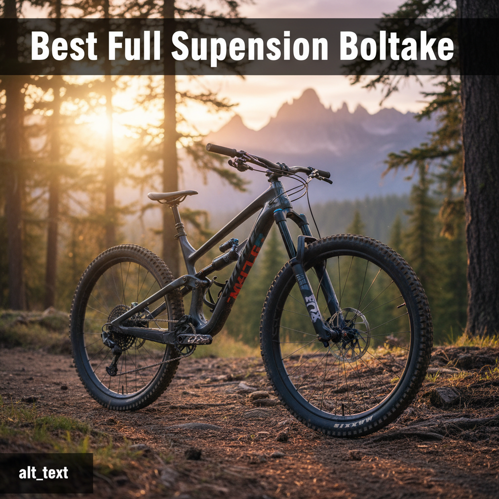alt_text Top-tier full suspension mountain bike on a forest trail at golden hour, showcasing advanced features.