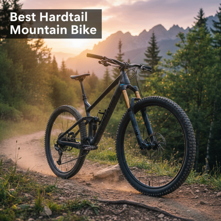 Best Hardtail Mountain Bike on rugged trail at sunset, framed by dramatic mountains and lush forest.