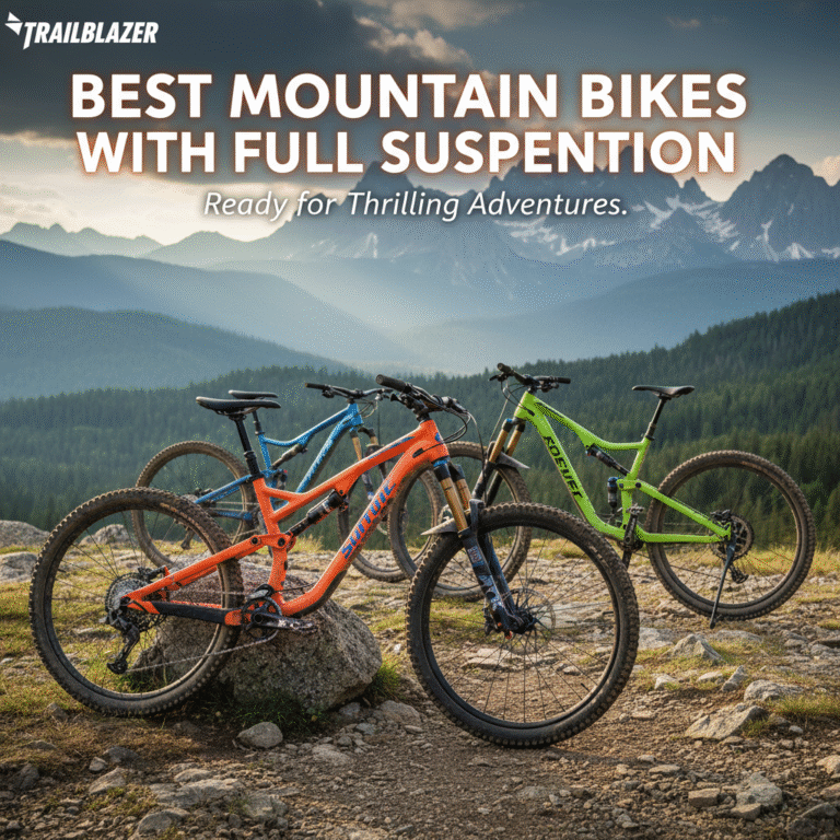 Best Mountain Bikes with Full Suspension: Vibrant bikes on rugged peaks, ready for thrilling adventures.