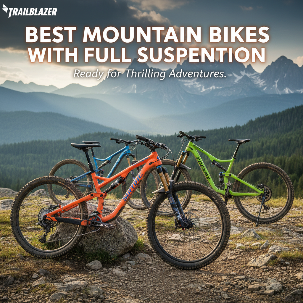 Best Mountain Bikes with Full Suspension: Vibrant bikes on rugged peaks, ready for thrilling adventures.
