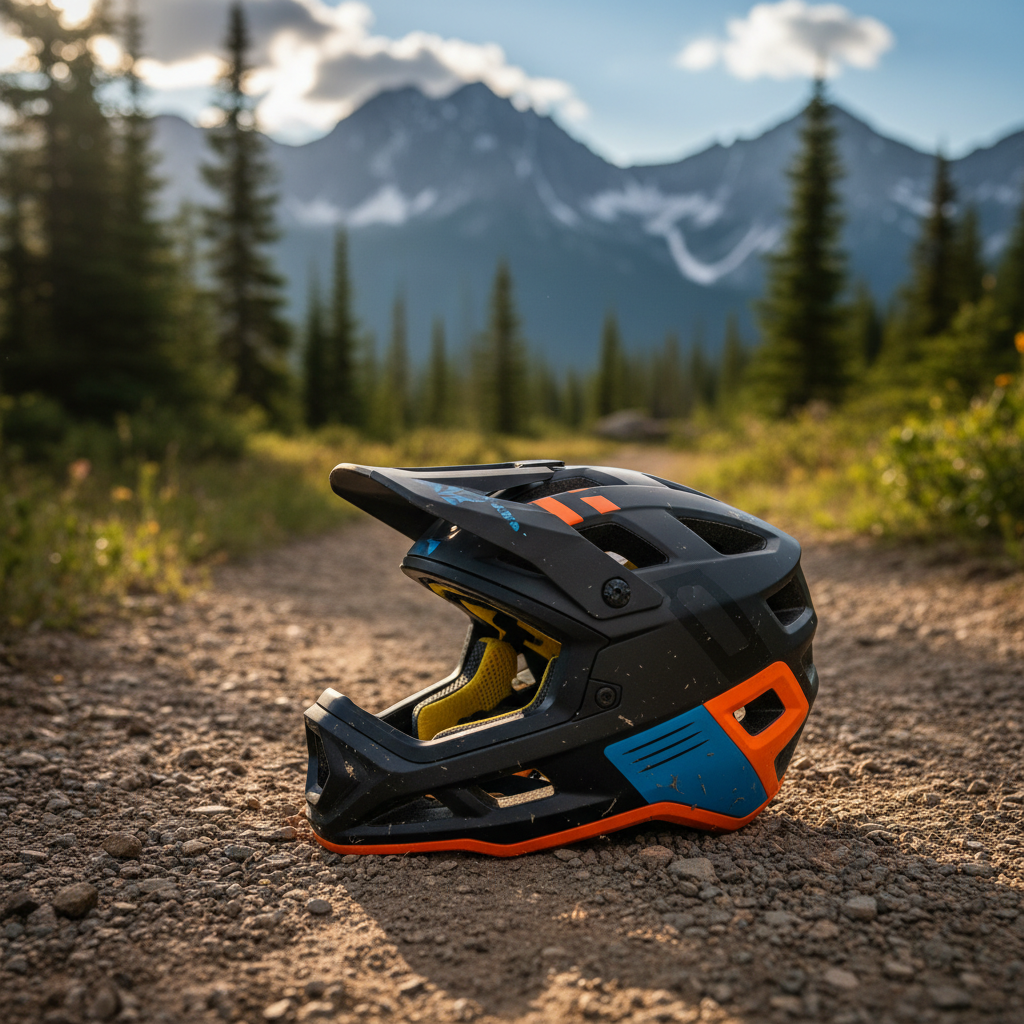 A modern mountain bike helmet on a rugged trail with scenic mountains and sunlight highlighting its features.