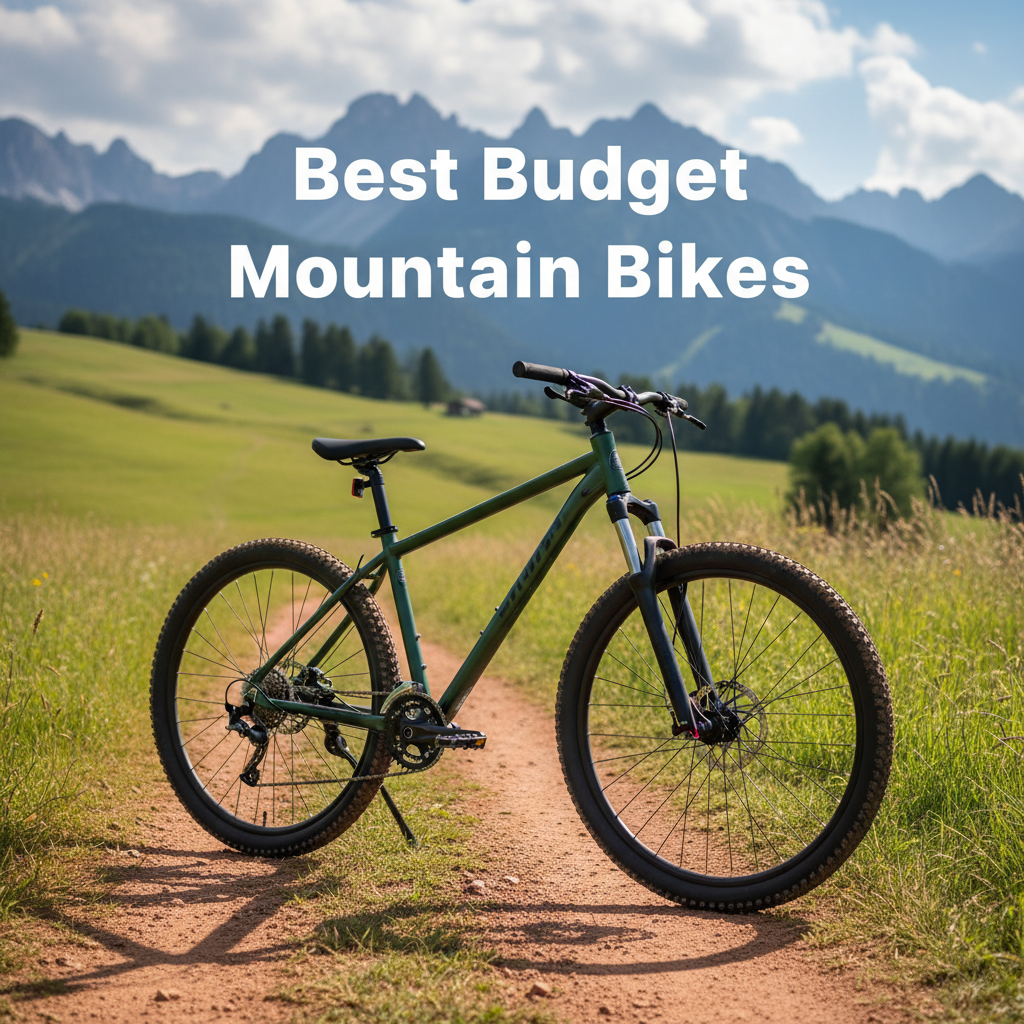 Best Budget Mountain Bikes—rugged bike on a scenic trail, lush hills and mountains in the background