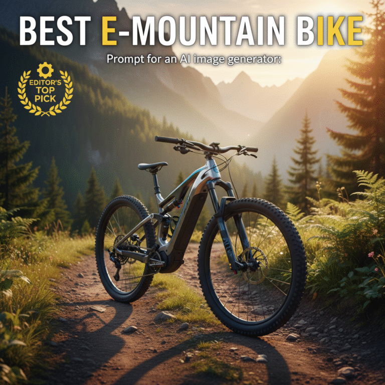 Electric mountain bike shines on a mountain trail at golden hour, with 'Editor's Top Pick' badge.