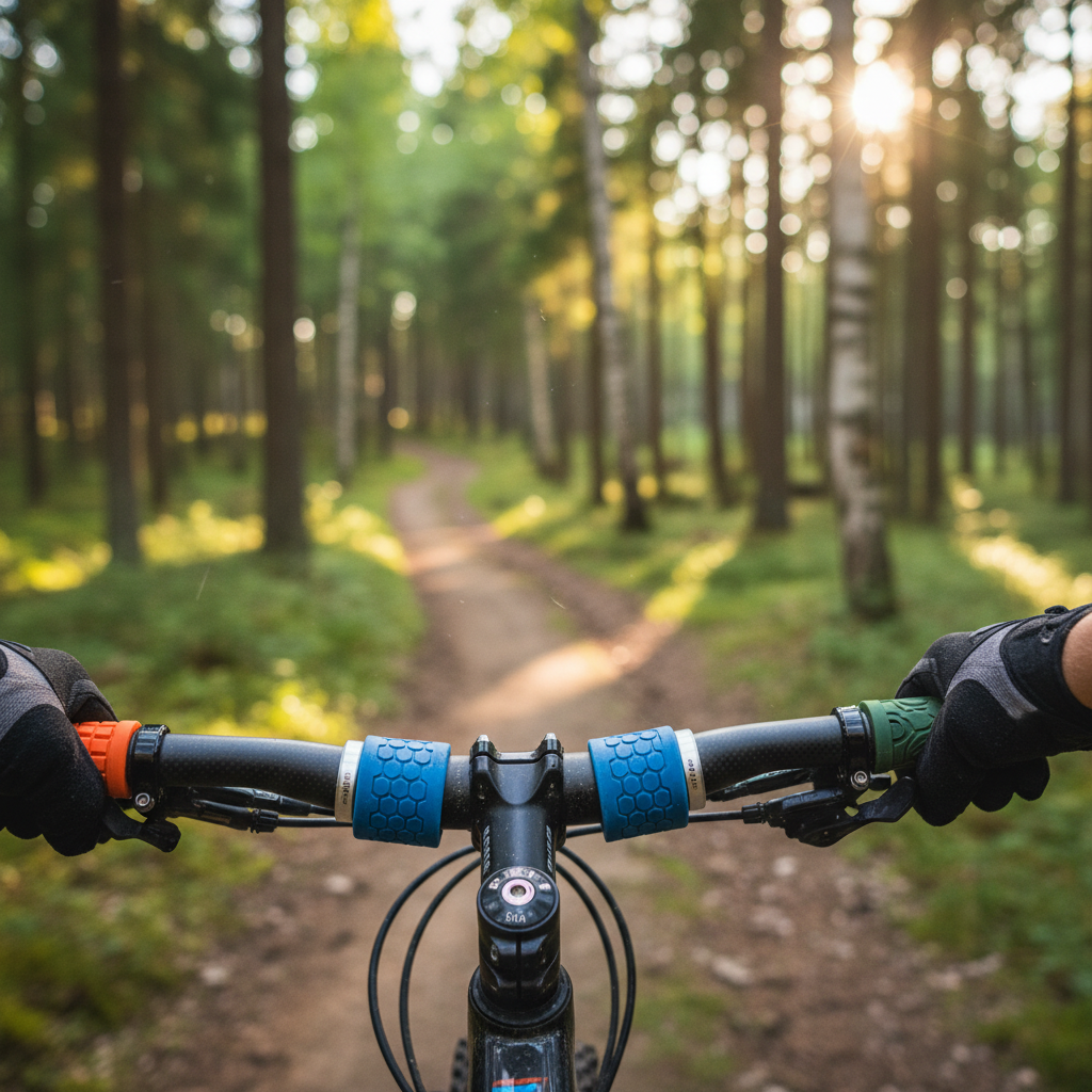 alt_text Close-up of gloved hands holding colorful mountain bike grips, forested trail blurred in the background.