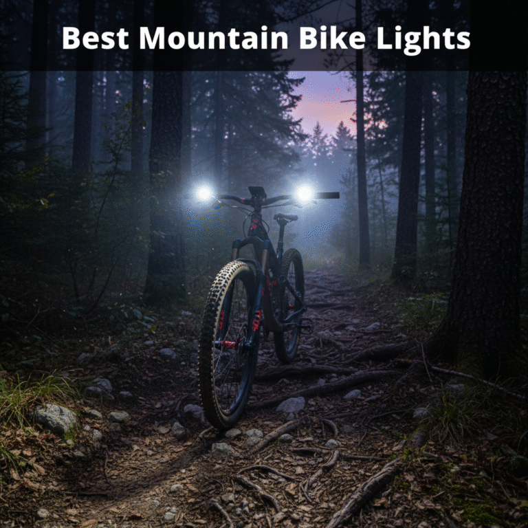 Modern mountain bike with glowing LED lights on a rugged dusk forest trail, ready for night riding.