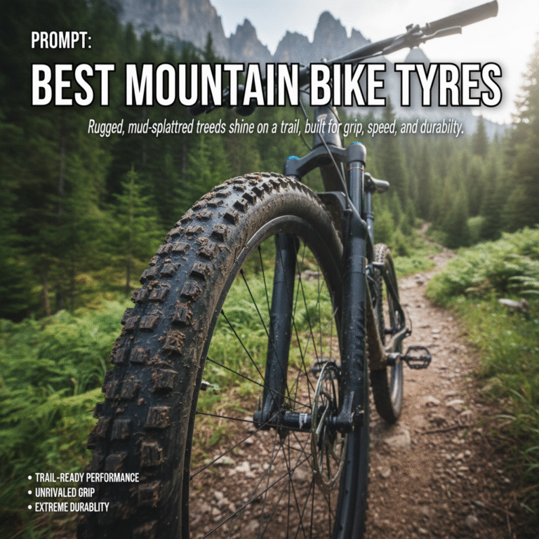 Best Mountain Bike Tyres: Rugged, mud-splattered treads shine on a trail, built for grip, speed, and durability.