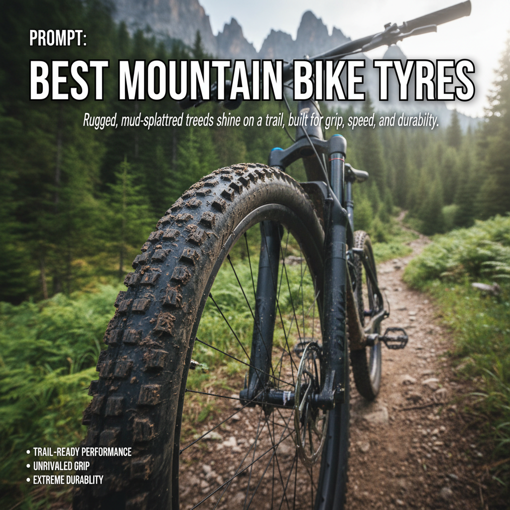 Best Mountain Bike Tyres: Rugged, mud-splattered treads shine on a trail, built for grip, speed, and durability.