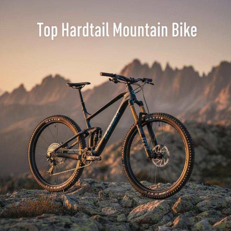 alt_text: A top hardtail mountain bike on rocky terrain at sunrise, highlighted by warm light and sharp detail.