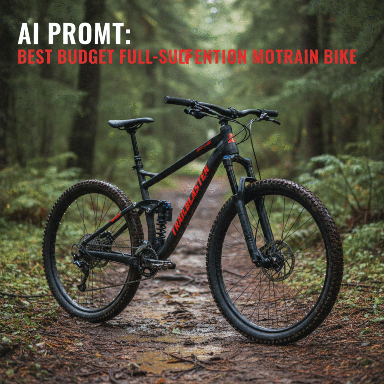 Budget full-suspension mountain bike on a muddy trail, forest backdrop, focus on rugged frame and shocks.