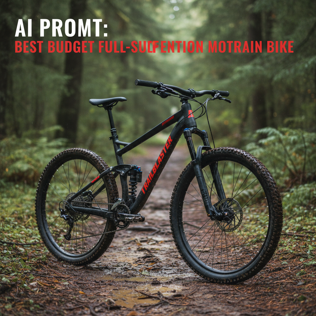 Budget full-suspension mountain bike on a muddy trail, forest backdrop, focus on rugged frame and shocks.