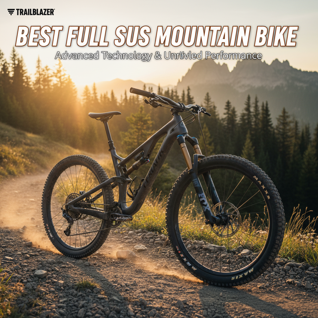 Full suspension mountain bike on a rugged trail at sunset, highlighting advanced tech and adventure.