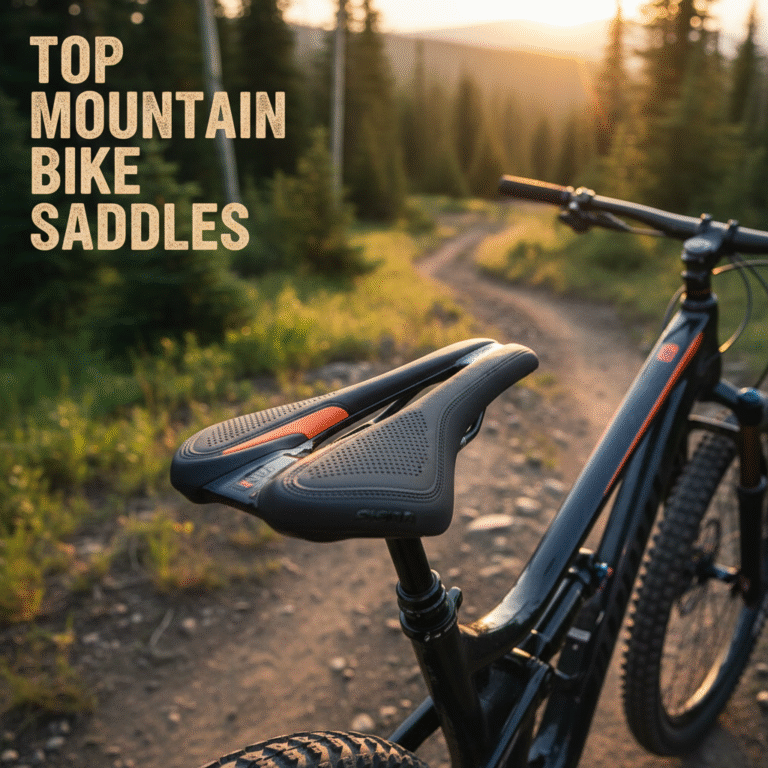 alt_text Close-up of a premium mountain bike saddle on a trail at sunset, text: Top Mountain Bike Saddles