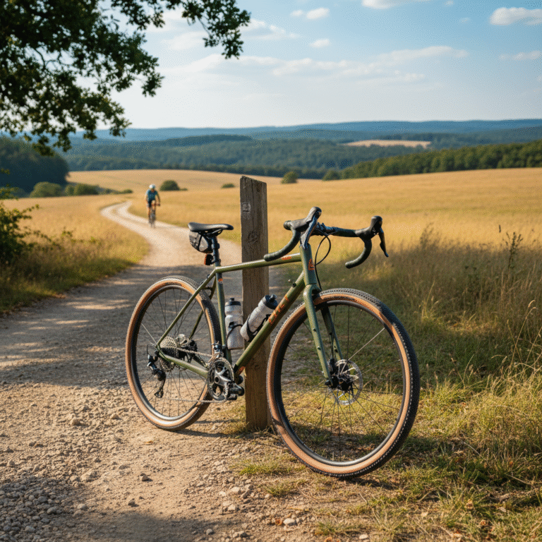 A modern gravel bike on a scenic country path, showcasing adventure, versatility, and cycling freedom.