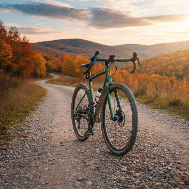 A high-end gravel bike on an autumn trail, golden hour light, rolling hills, and adventure ahead.
